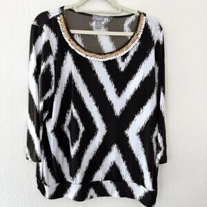 Chico's Womens Travelers Blouse Top Size XL Beaded Embellished Geo Print Brown